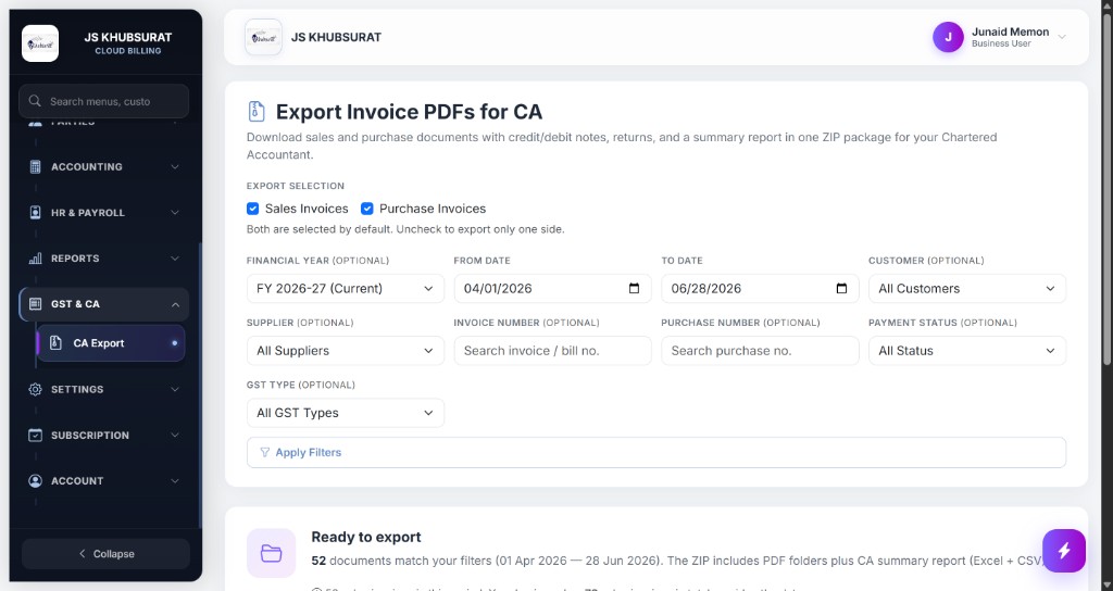 Export invoice PDFs and GST data for chartered accountant