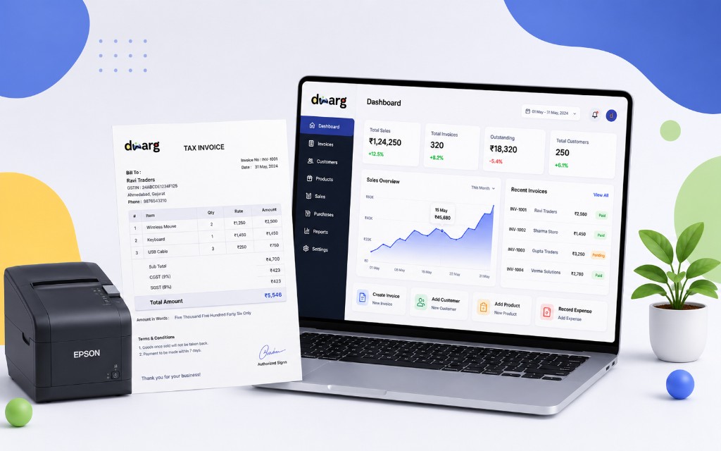 DWARG billing software dashboard on laptop with GST tax invoice and thermal printer