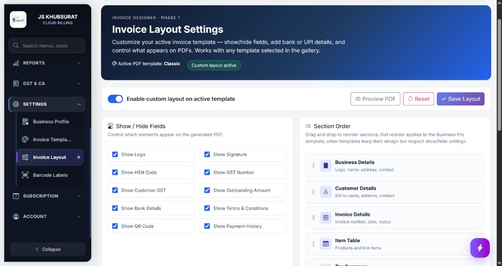 Customize invoice PDF layout with bank details, QR code and field visibility