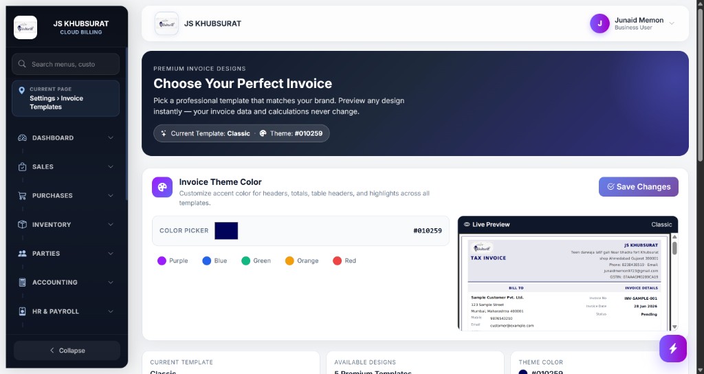 Premium GST invoice template gallery with live preview and theme colors
